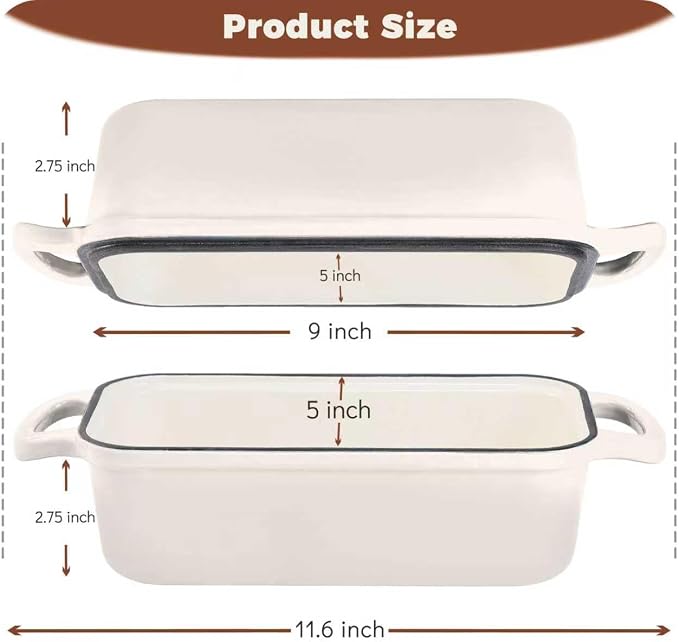 Cast Iron Loaf Pan with Lid, 9x5 Loaf Pans for Homemade Bread | Cast Iron Bread Pan for Sourdough Baking, 9x5 Loaf Pan with 2-In-1 Design, Even Heat Distribution, Cream Enameled
