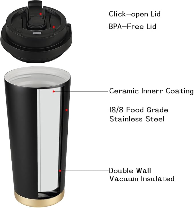 Funkrin Coffee Travel Mug with Flip Lid, 16oz Insulated Tumbler Cup with Ceramic Coating, Double Wall Vacuum Leak-Proof Tumbler for Office School Party Camping