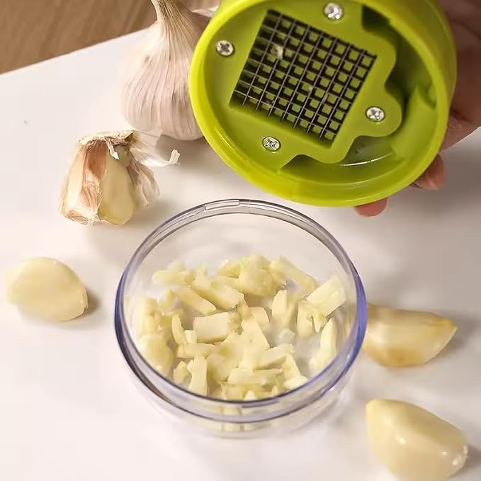 Mini Garlic Chopper and Press with Container, Emptycolor Manual Garlic Mincer Crusher Cutter Grinder, Stainless Steel Blades, Handheld Garlic Slicer Dicer Zoom Tool – Green