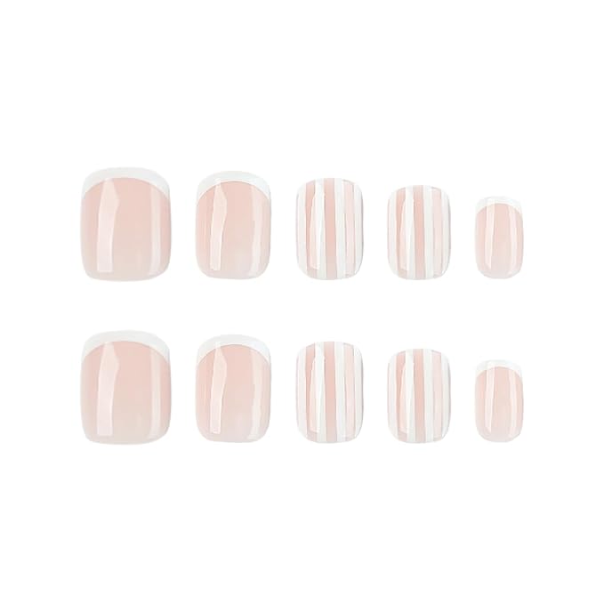 Short Square Fake Nails French Press on Nails with White Stripe Designs | Nude Full Cover False Nails Acrylic Nails Press Ons Glossy Stick On Nail Reusable Glue On Nail For Women 24Pcs
