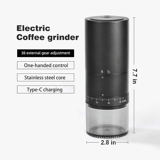 Portable Electric Coffee Grinder with 38 Adjustable Grind Settings – USB Rechargeable Stainless Steel Conical Burr, Coffee Bean Grinder for Espresso, French Press, Travel, Camping, Home & Office Use