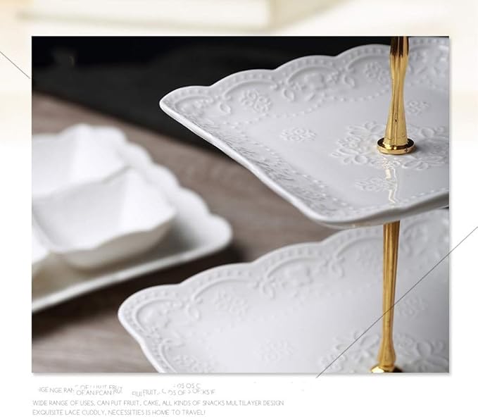 Sumerflos 3 Tier Porcelain Cupcake Stand, Tiered Serving Cake Stand, Square White Embossed Dessert Stand, Weddings Parties Pastry Serving Tray