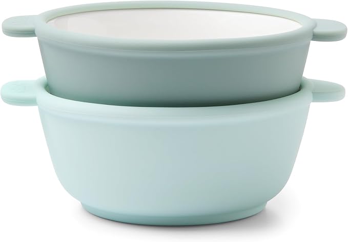Ello Clean Start Ceramic Toddler Bowls with Sleeves, 2 Pack, Dewdrop/Grayed Jade