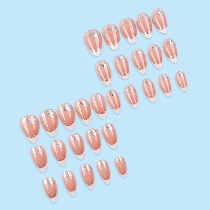 White French Tip Press On Nails Short Almond Fake Nails Silver Glitter Acrylic Nail Tips Reusable Full Cover Glue on Nails White Ombre False Nails Shiny French Manicure for Women Girls 30Pcs
