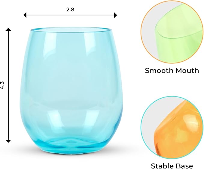 Stemless Wine Glasses Set of 6, 16oz Unbreakable Acrylic Plastic Wine Cups | Reusable Shatterproof Colored Wine Tumblers, Dishwasher Safe BPA Free Drinkware for Outdoor, Pool, Patio, Camping, Party