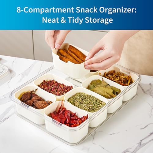 Pure Future Air-Tight Snackle Box Container –Divided Serving Tray with Lid & Handle–Clear Snack box for Fruits, Candy & Nuts–Portable for Travel & Daily Use (8 Inside Containers Dishwasher Safe)