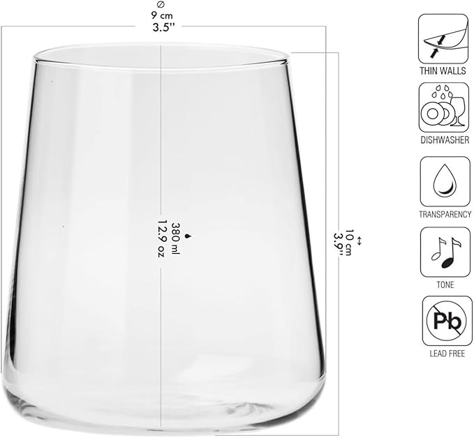 KROSNO Water Glasses Set of 6, 12.9 oz, Avant-Garde Collection | Drinking Glasses, Lead-Free Crystal Glassware, Juice Glasses, Lightweight Glass Set, Dishwasher Safe, Made in Europe