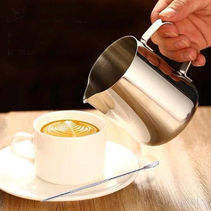 Milk Frothing Pitcher, 12oz Milk Frother Cup with Scale, 304 Stainless Steel Cappuccino Espresso Machine Accessories，for Barista Coffee Bar with Latte Art Pen