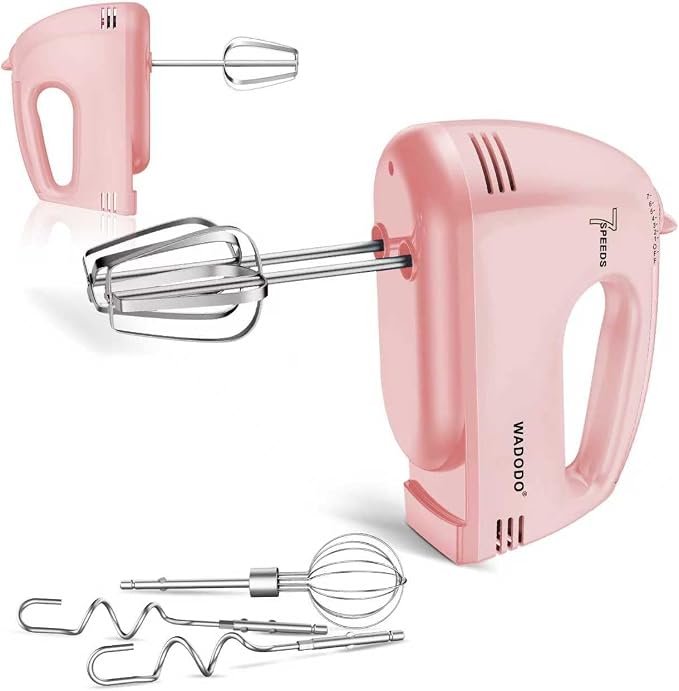 WADODO 7-Speed Electric Hand Mixer – Portable Food Mixer Kitchen Mixer with 304 *(1x Whisk, 2x Beater, 2x Dough hook) for Baking Cakes, Cream, Cookies, PINK