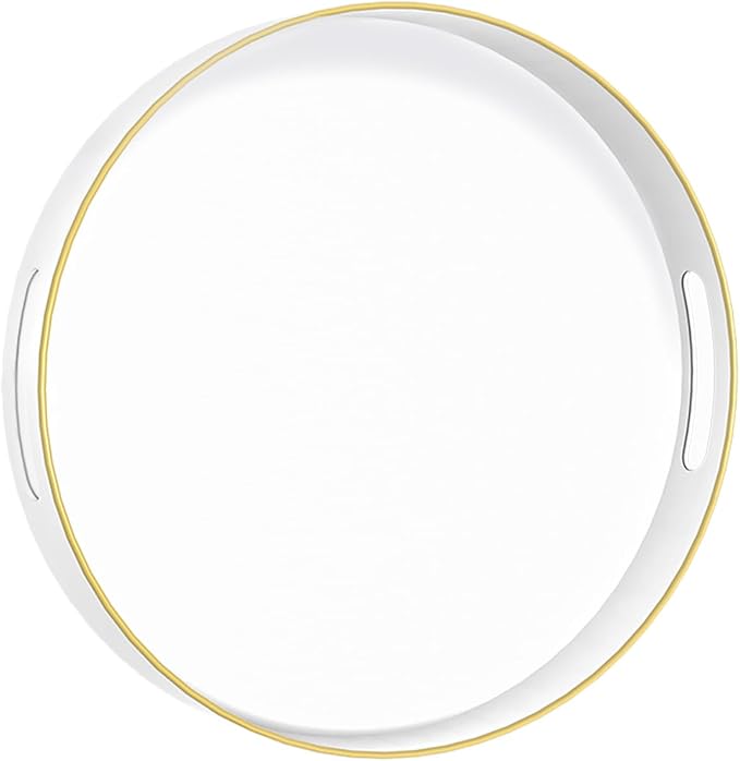 13" White Decorative Tray, Plastic Round Serving Tray with Handles | Decorative Tray for Coffee Table, Modern Ottoman Tray, Circle Tea Tray, Round Melamine Tray for Living Room, Bathroom