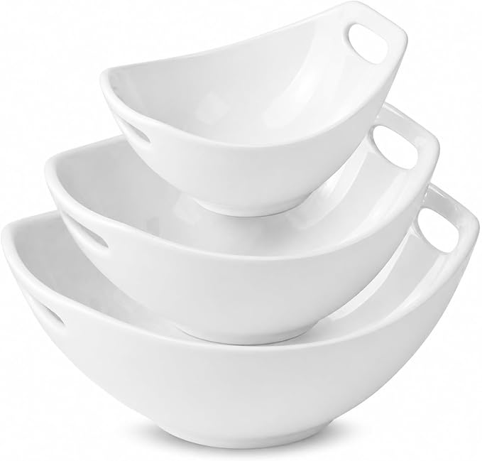 Ceramic Serving Bowls with Handles, Large Salad Bowl Set for Entertaining, Mixing, Serving Dishes for Parties, Kitchen, Housewarming & Everyday Use, Set of 3, 15/28/49 oz