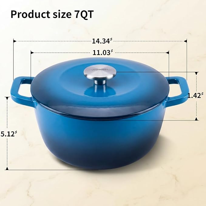 7QT Enameled Cast Iron Dutch Oven,Concave Self-Basting Lid,Blue | Versatile,heavy-duty Large Dutch oven,PFAS-free,oven safe to 500°F,sourdough,braising/stews/roasting,Housewarming Gift
