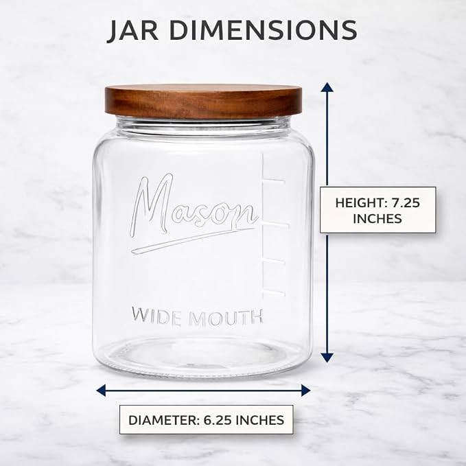 Half Gallon Glass Mason Jars with Airtight Push to Close Wooden Lids - Food Storage & Canning Jars with Measurement Markings - Pantry Containers for Flour, Sugar & Dry Goods - 64 oz (4pk)
