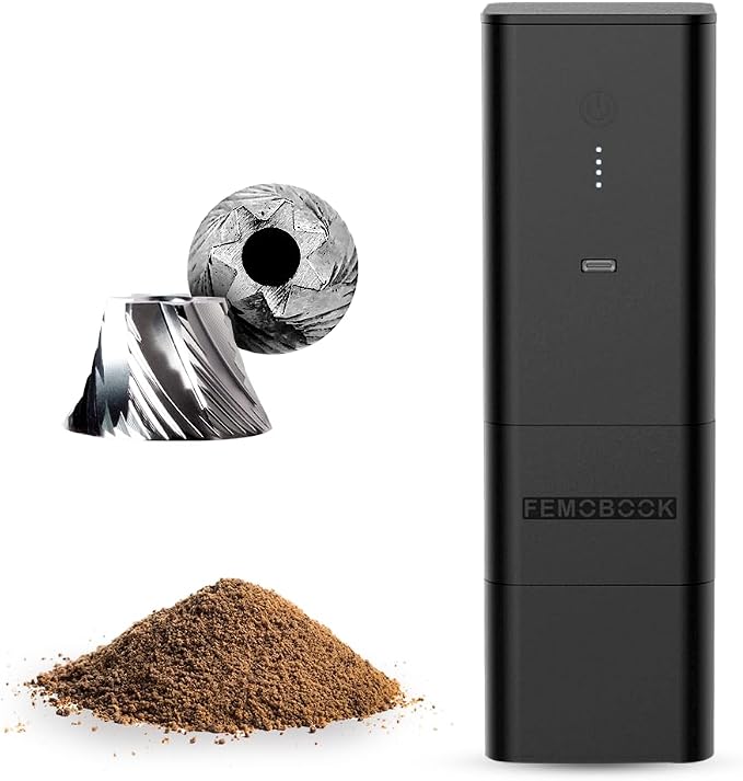 FEMOBOOK-A2 Black Portable Electric Coffee Grinder, Cordless Burr Grinder | USB Rechargeable Coffee Grinder Magnetic Grounds Cup Travel & Home Brewing