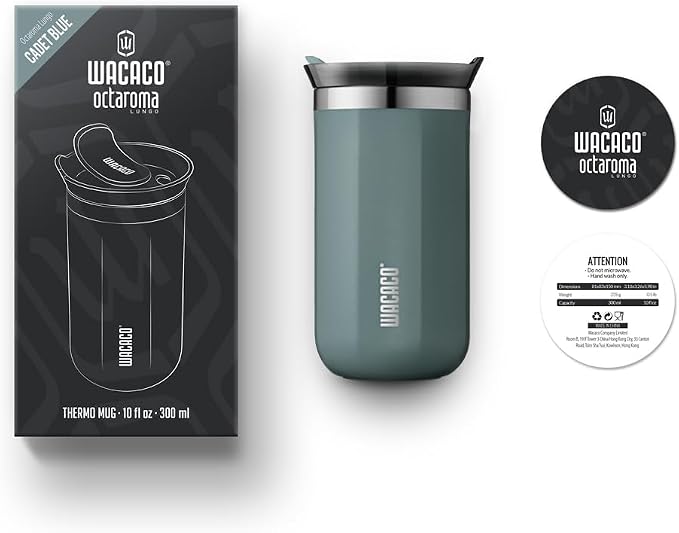 WACACO Octaroma Lungo Vacuum Insulated Coffee Mug, Double-wall Stainless Steel Travel Tumbler With Drinking Lid, 10 fl oz(300ml), Cadet Blue