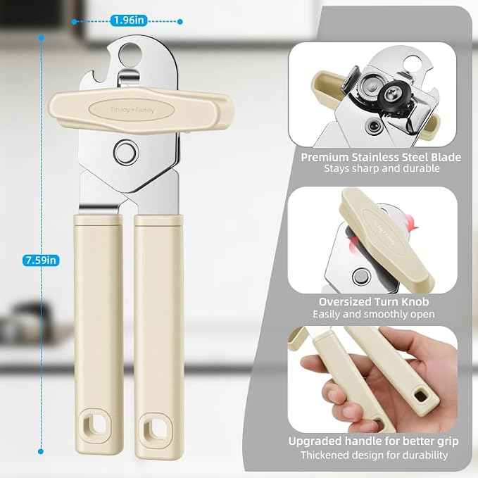 Tin Joy Family™ Manual Can Opener – Sharp Blade with No Sharp Edges, Easy Grip Handle for Arthritis Hands, Smooth Lid Safety Cutter for Elderly & Weak Hands (Banana Cream)