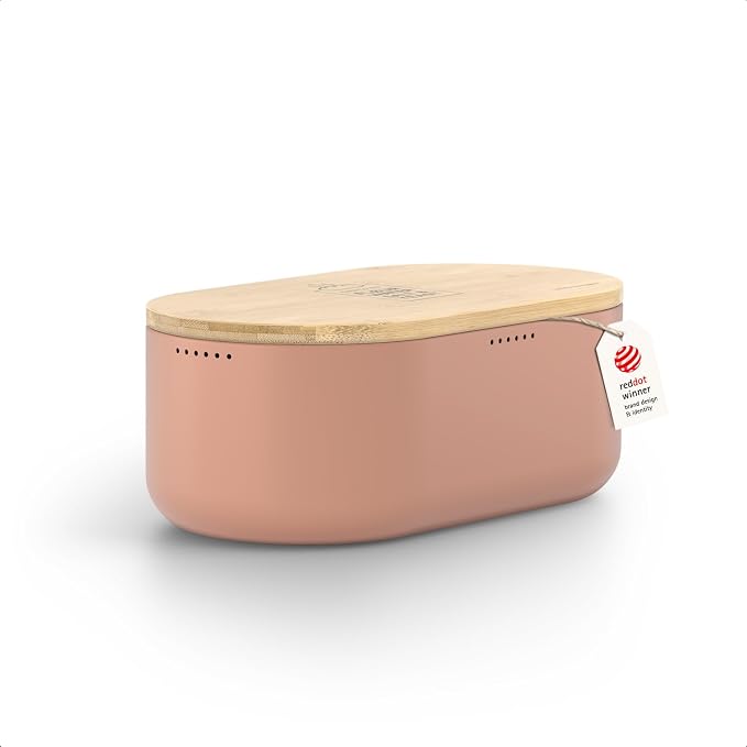LARS NYSØM Bread Box I Metal Box for long lasting freshness I Bread Bin with bamboo lid usable as cutting board I 13.8x7.7x5.3 In (Blush Rose)