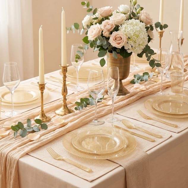 150Pcs Gold Disposable Plates,Gold Glitter Dinnerware Set for Party | Gold Plastic Plates Set Include 25 Dinner Plates 10.25’’, 25 Dessert Plates 7.5’’, 25 cups 10 oz, 75 Plastic Silverware Set