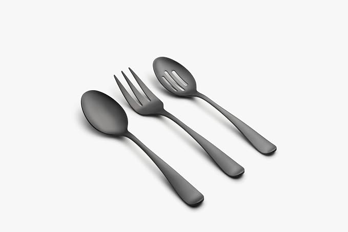 Cambridge Rhiannon Black Satin 45-Piece Silverware Set for 8, Flatware | black, dishwasher safe | includes serving spoons and utensil set | heavy duty, cutlery set for kitchen and dining