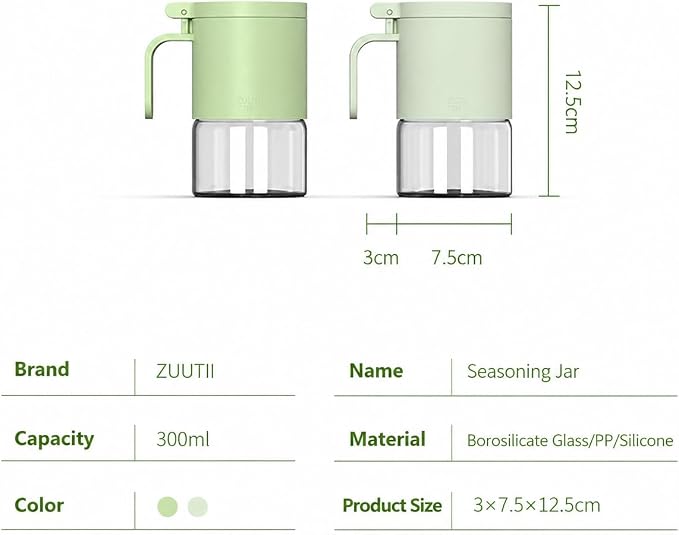 Zuutii Glass Spice Jars Moisture-Proof Spice Containers with Spoons, 10oz Spice Bottles, Mini Seasoning Storage Jars with Flapper Caps for Salt, Sugar, Peppers, Chili in Kitchen (Creamy Green)