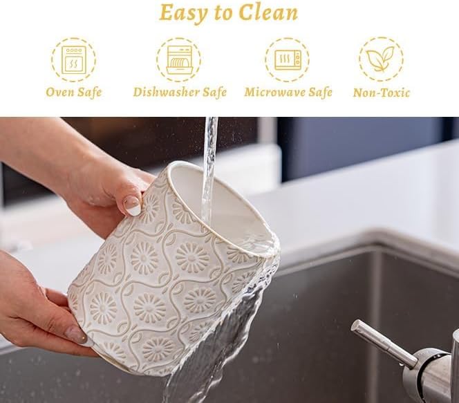 TEATALK Ceramic Utensil Holder Set, 360° Rotating Organizer for Countertop, Farmhouse Vintage Style, Large and Small Crocks in White, 7.7"+5.7"