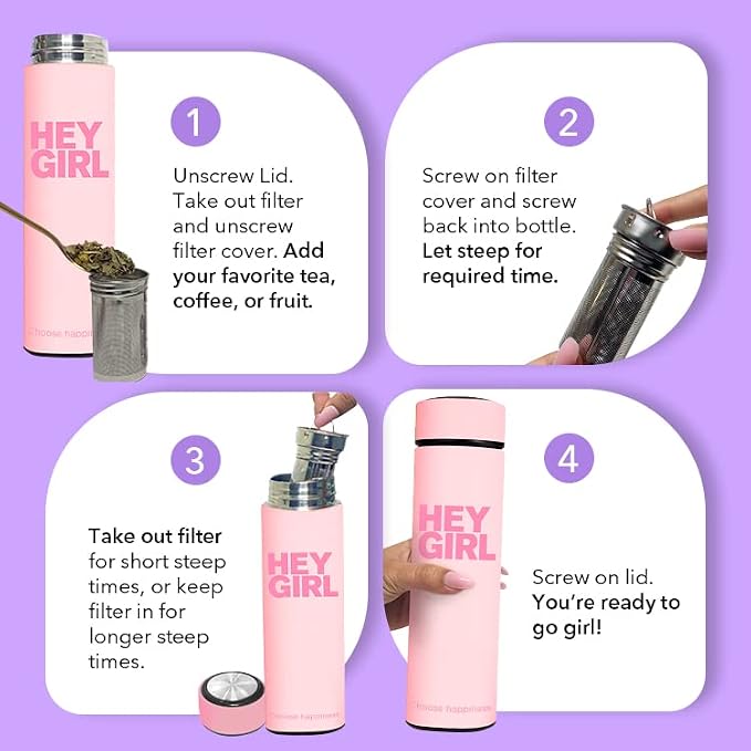 Hey Girl Tea Infuser Bottle 450ml - Insulated Stainless Steel Water Bottle - Tea Tumbler with Tea Diffuser - Portable Travel Mug for Loose Leaf Tea & Infused Water - Tea Lovers Gifts for Women