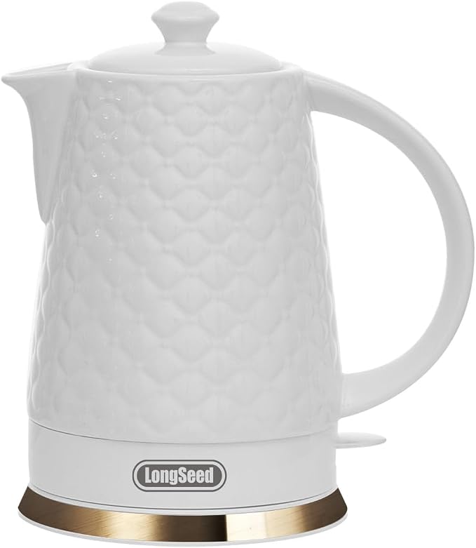 1.5L Ceramic Electric Kettle, 1200W Fast Boil Retro Tea Pot with LED Light, BPA-Free Porcelain Cordless Water Boiler, Auto Shut-Off & Boil-Dry Protection, White Relief Carving