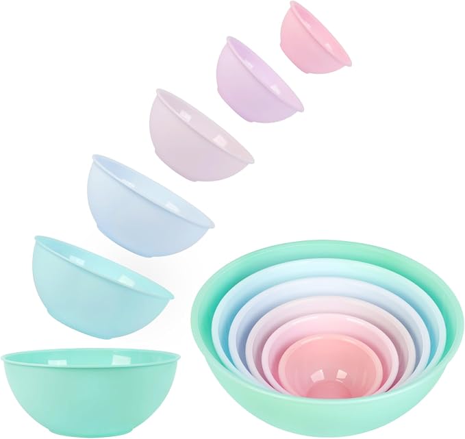 BoxedHome BPA Free Plastic Round Mixing Bowl with Lids, 12 Pack Nesting Bowls with Lids Set, Microwave and Dishwasher Safe Prep & Serving Bowls Great for Mixing, Baking, Serving (pinkish green, 12pcs)