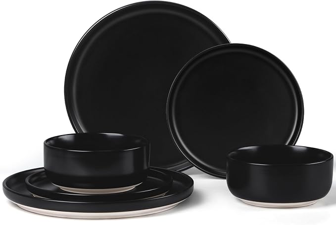 LIANYU Plates and Bowls Sets for 2, 6 Piece Stoneware Dinnerware Set, Porcelain Dishware for Kitchen and Dining, Microwave Oven Dishwasher Safe, High temperature & Scratch Resistant, Matte Black