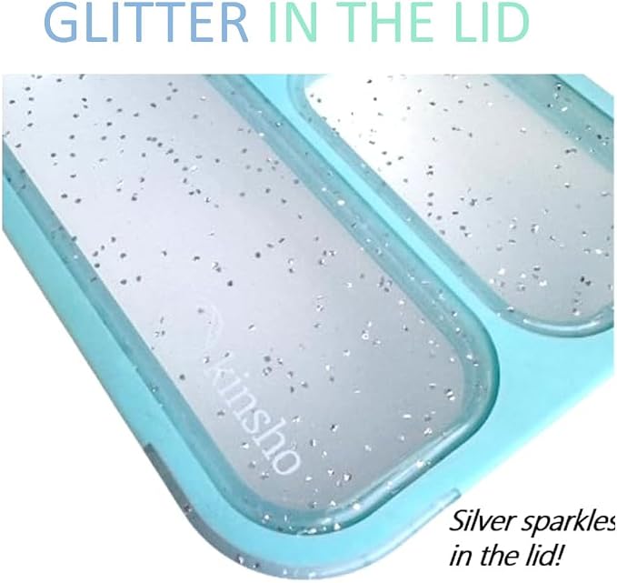 kinsho Small Snack Containers for Kids, Set of 2 (Pastel Blue+Teal Sparkle) | 3 Compartments, Leak-Proof, Spill Proof, BPA-Free Reusable Small Mini Bento Lunch Box for Daycare School Travel, Holds 2 Cups