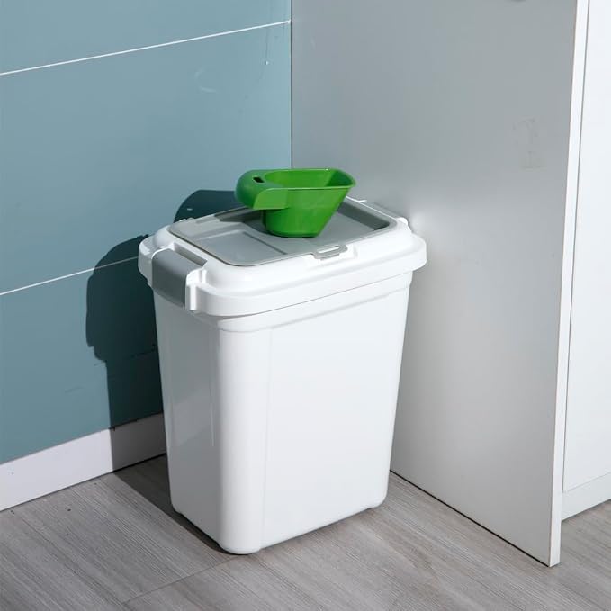 Ashfield & Harkness Airtight Pet Food Storage Container, 23 Qt / 20 Lbs | BPA-free HDPE, slim white/grey design, scoop included, 14.5"x10.5"x17", keeps dry dog & cat food fresh