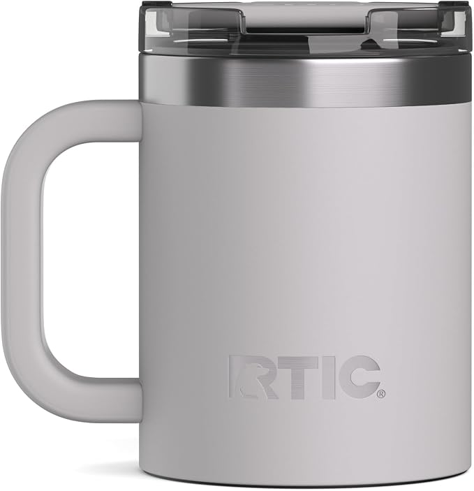 RTIC 12oz Essential Mug with Lid and Handle, Ceramic Lined, Insulated, Stainless Steel, Metal, Double Wall Vacuum-Insulation, Portable, Travel Cup for Hot and Cold Drink, Cool Grey
