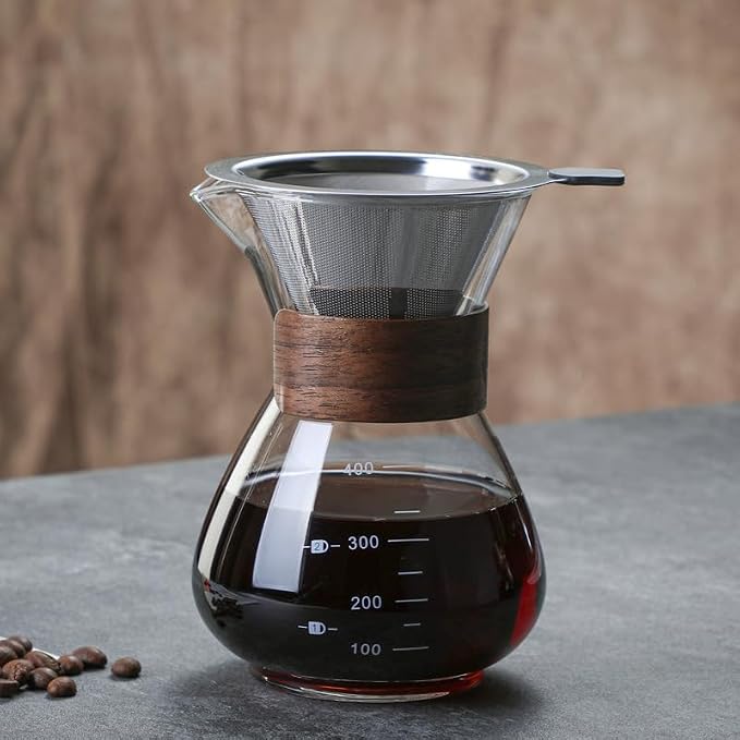 BeeCa Pour Over Coffee Maker Set, 2 Cup 400 ml/13.5 oz Carafe | Reusable Filter, Borosilicate Glass Carafe, Walnut Non-slip Collar, 2-cup Portable Brewer, BPA-free & Eco-friendly