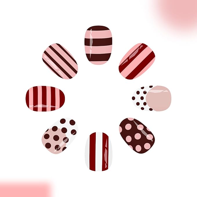 Short Almond Press On Nails French Fake Nails With Stripe Polka Dot Designs | Brown Pink Stripe False Nails Acrylic Nails Press Ons Glossy Stick On Nail Reusable Glue On Nail For Women 24Pcs
