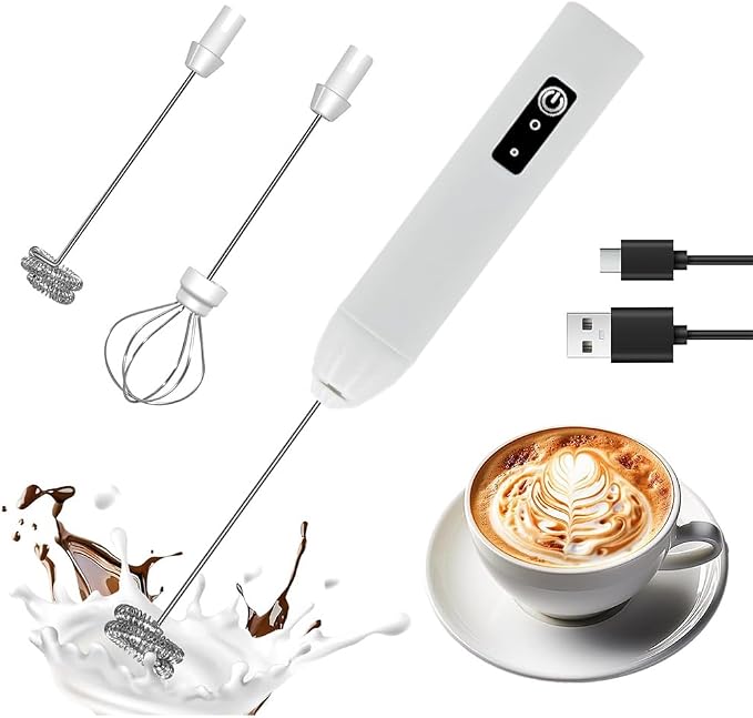 Rechargeable Milk Frother Handheld Electric Frother Wand Coffee Foam Maker with 2 Stainless Stee Whisks & 3 Speeds,Drink Mixer Handheld for for Latte, Cappuccino, Hot Chocolate, Matcha, Egg (White)