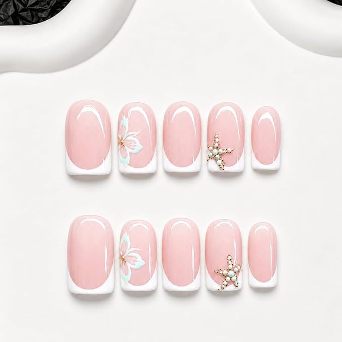 Summer Press on Nails Muti-Layer Gel Thick Handmade Press on Nails Short Square White French Tip Acrylic Nails Beach Starfish Fake Nail Designs Full Cover Ocean False Nail for Women (S)