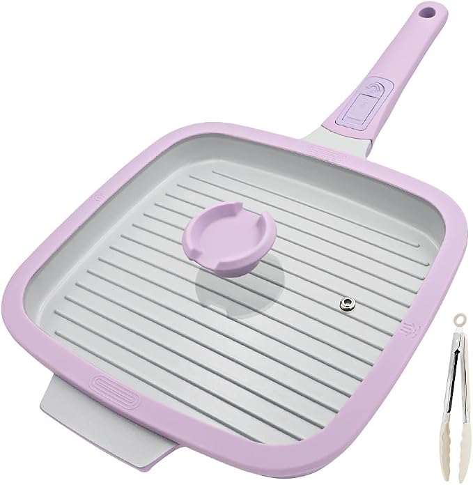 RANX INGST Nonstick Ceramic Griddle Pan with Lid, 10 Inch Steak Pan- Purple | Detachable Handle Induction Compatible