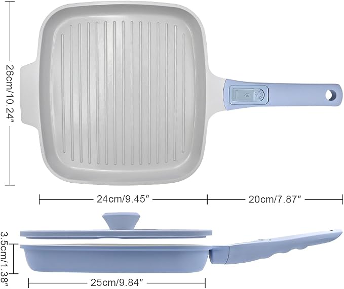 RANX INGST Nonstick Ceramic Griddle Pan with Lid, 10 Inch Steak Pan- Blue | Detachable Handle Induction Compatible