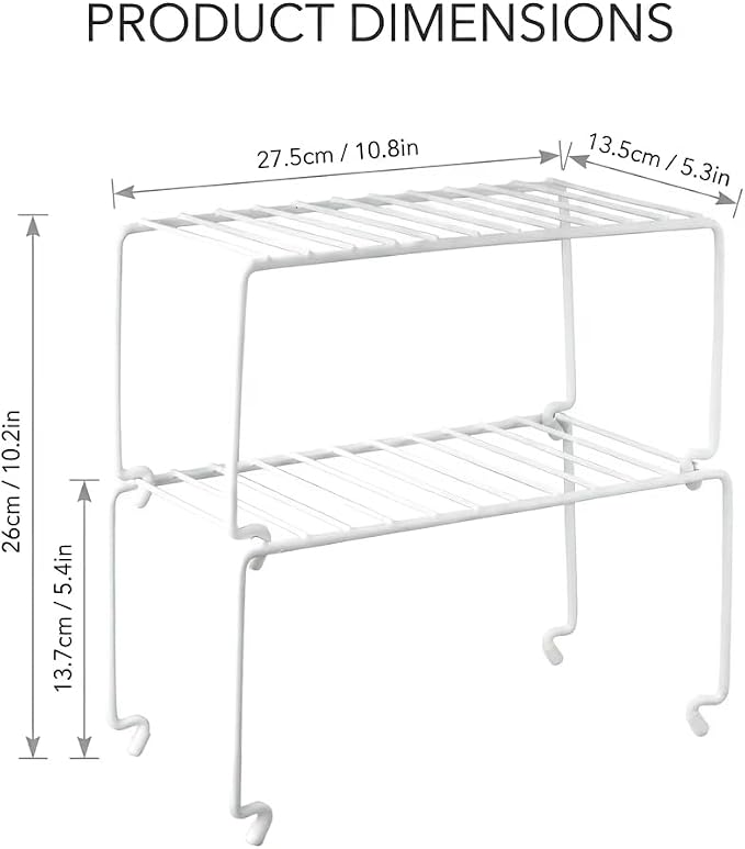 2-Pack Small (10.8x5.3inch) White Stackable Shelf Organizer Rack, Kitchen Shelves Organization for Cabinet, Pantry Organizers and Storage, Wire Shelf Rack, Desk Organizer, Rustproof