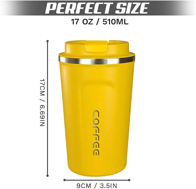 SPLMIFA Travel coffee mugs leak-proof, reusable coffee cup with lid, stainless steel vacuum insulated coffee tumblers, thermal insulation cups for men & women keep drinks hot & cold (2nd-Yellow, 17OZ)