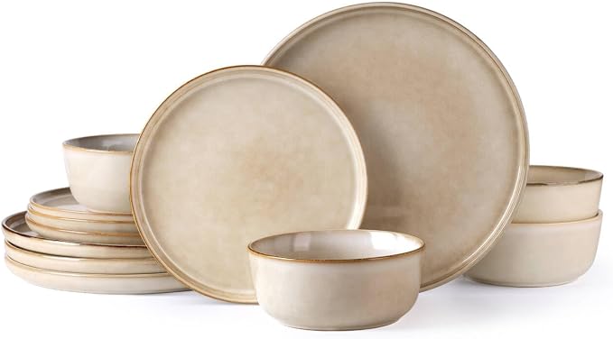 AmorArc Stoneware Dinnerware Sets for 4, 12Pcs Plates and Bowls Sets Dishes | Ceramic Round Reactive Glaze Dishes Set, Highly Scratch Resistant | Dishwasher & Microwave Safe Dishware
