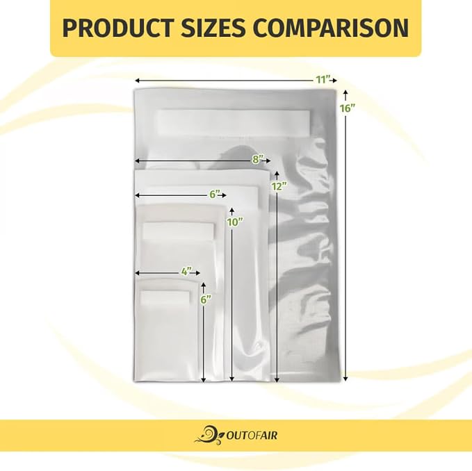 OutOfAir 100 Vacuum Sealer Bags: 4" x 6" Pre Cut Bags - Works with FoodSaver & Other Machines - 33% Thicker BPA Free, 4 Mil Commercial Grade, 4 x 6 inches