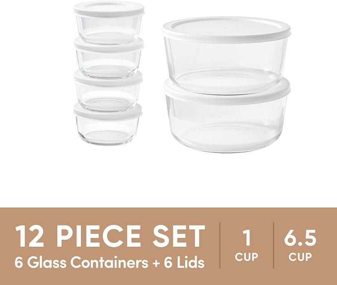 12-Piece Glass Food Storage Containers Set (6 Containers + 6 BPA-Free Lids) | 1-Cup & 6.5-Cup, Leakproof | Microwave, Freezer, Oven & Dishwasher Safe | Ideal for Meal Prep & Pantry Organization, White