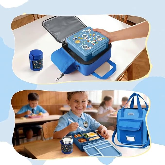 REDSHELL Kids Bento Lunch Box Set, Insulated Lunch Bag for Boys, Dark Blue | Toddler 5-Compartment Lunchbox, Leakproof Food Jar, Snack Container, School Daycare, Bottle Holder, Adjustable Shoulder Strap