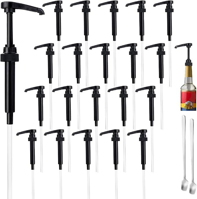 20 Pcs Black Coffee Syrup Pump Compatible with 25.4Oz/750ml Bottles | Syrup Dispenser Pumps, Great for Home & Coffee Bar, Drinking Mixes, Tea, Beverage, Cocktails, Syrup Bottles, Plus Spoons