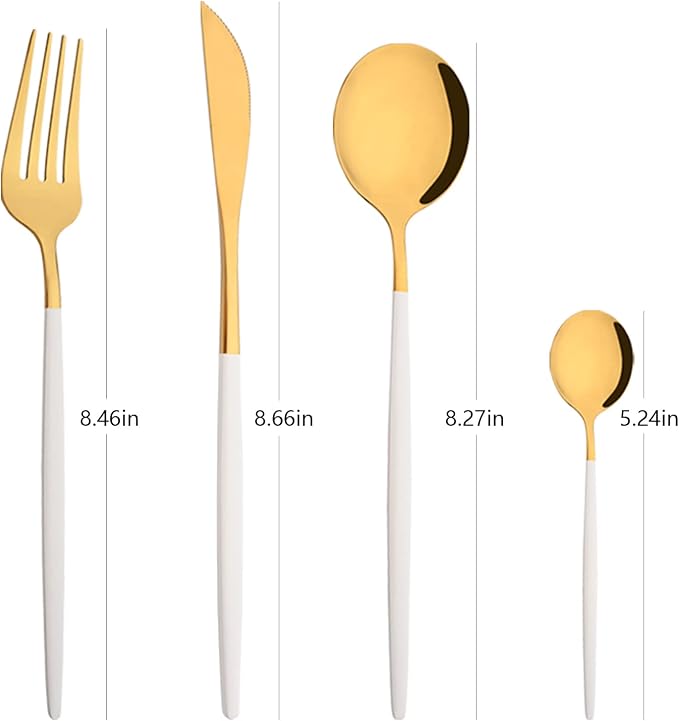 Mirror Silverware Set, 24-Piece 18/0 Stainless Steel Flatware Set For 6, Gold and White Color Forks Spoons Knives Cutlery Set For Home Restaurant, Lightweight and Flat handle