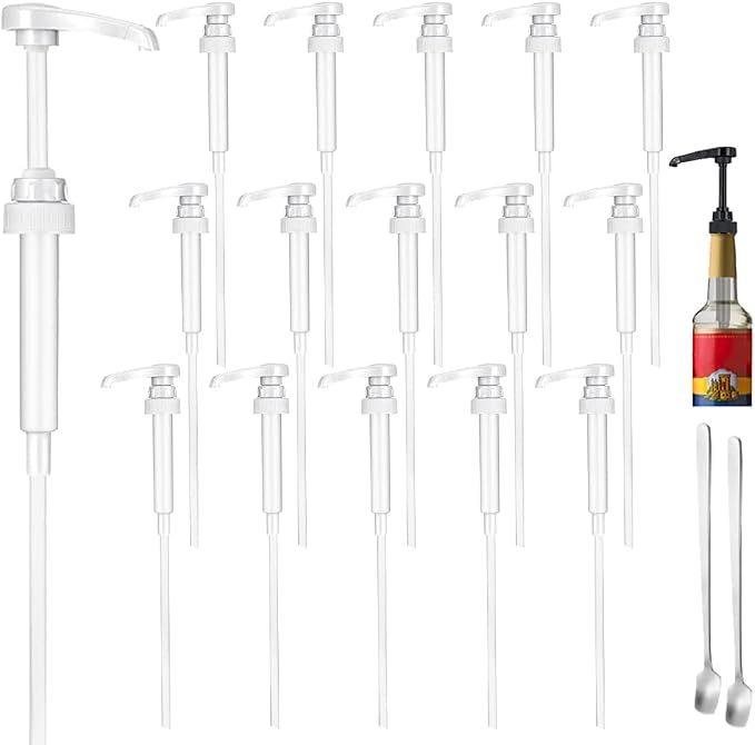 16 Pcs White Coffee Syrup Pump Compatible with 25.4Oz/750ml Bottles | Syrup Dispenser Pumps, Great for Home & Coffee Bar, Drinking Mixes, Tea, Beverage, Cocktails, Syrup Bottles, Plus Spoons
