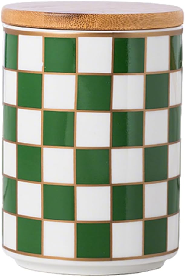 Kitchen Countertop Ceramic Checkered Canisters,Black And White Food Storage Containers With Lid,Airtight Kitchen Canisters for Flour, Sugar, Coffee, Tea, and Dry Goods (Green, Small)
