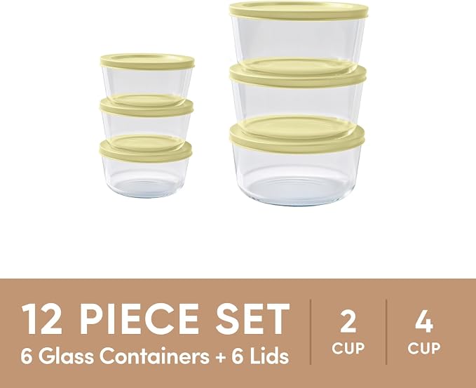 12-Piece Glass Food Storage Containers Set (6 Containers + 6 BPA-Free Lids) | 2-Cup & 4-Cup, Leakproof | Microwave, Freezer, Oven & Dishwasher Safe | Ideal for Meal Prep & Pantry Organization, Yellow