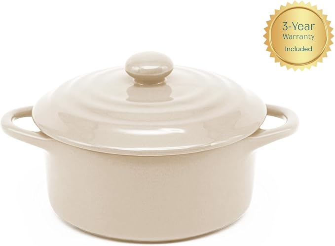Kook Ceramic Mini Cocotte Set, Small Casserole Dishes with Lids and Handles, Individual Baking Ramekins, Oven, Microwave & Dishwasher Safe, Stoneware, 12 oz, Set of 4, Ivory